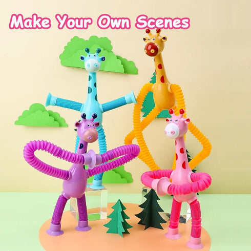 Telescopic Suction Cup Giraffe Toy, 4 Packs Pop Tubes Giraffe Fidget Toys, Educational Sensory Toy for Toddlers Travel
