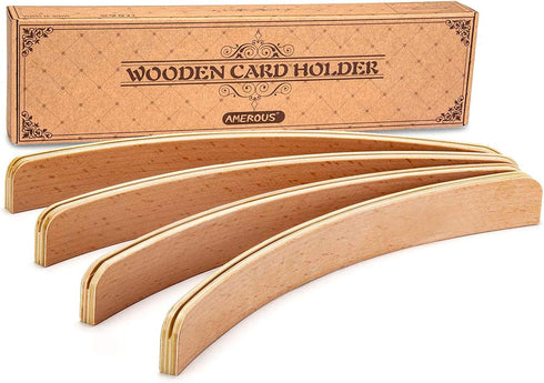 AMEROUS Wooden Playing Card Holders for Kids, Seniors, Adults - Curved Wood Tray Rack Organizer for Card Games (Set of