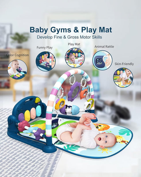 dearlomum Baby Play Mat Baby Gym, Funny Play Piano Tummy Time Activity Mat with 5 Sensory Toys, Music & Lights, New Blue