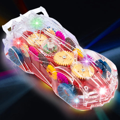 Light Up Transparent Gear Racer Toy Car - Bump and Go with Colorful Gears, Music & LED Effects for Kids 3+