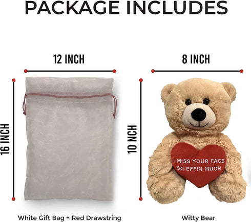 I Miss Your Face So Effin Much - 10" Teddy Bear & Gift Bag, Funny Plush Gift for Girlfriend, Boyfriend, or Best Friend