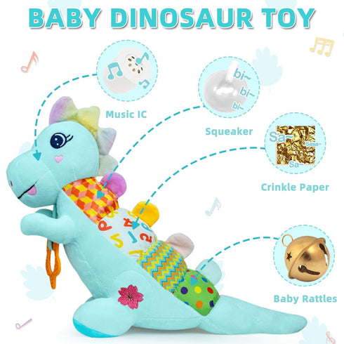 Ryotagift 0-3-6-9-12 Tummy Baby Dino Musical Stuffed Animal Toys for MonthsInfant Dinosaur Time Toys with Crinkle Sound
