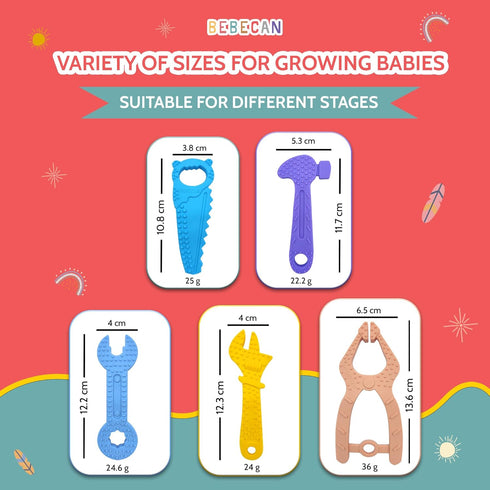Teething Tools Teether for Baby - 5 Premium Silicone Baby Teething Toys with 2 Straps and Travel Bag