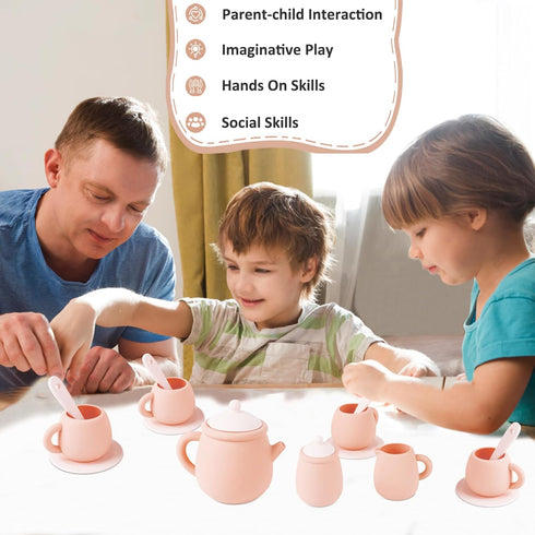 Set, Set 4 4 Set MCGMITT Silicone Tea Party Toy Tea for Toddlers Kids, Includes Teapot, Tea Cup and Coasters, Creamer