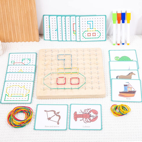 Wooden Geoboard with Rubber Bands, Educational Toy for Spatial Reasoning and Fine Motor Skills for Kids 3 Years+