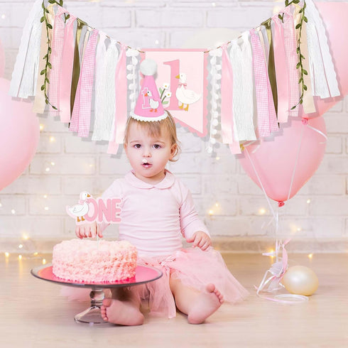 1st Goose Birthday Highchair Banner Hat Cake Topper Highchair Photo Prop for Birthday Party Decorations (Goose)