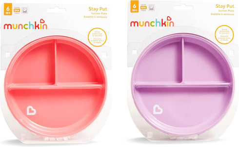 Munchkin Stay Put Suction Plates - 3 Divided Sections for Baby and Toddler, Pink/Purple