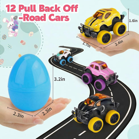 12Pcs nicknack Prefilled Easter Eggs with Alloy Monster Trucks for Kids Easter Eggs Filled with Pull Back Monster Cars