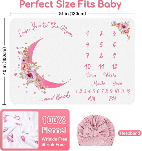 Baby Monthly Milestone Blanket, Precise Hour Moments with Knitted Hat,51”L x40”W,Recording 1 to 12 Months Moments,Thicker Extra Soft Flannel,Best Photography for Newborn,Baby Girl(Pink Flower) by MYPIN