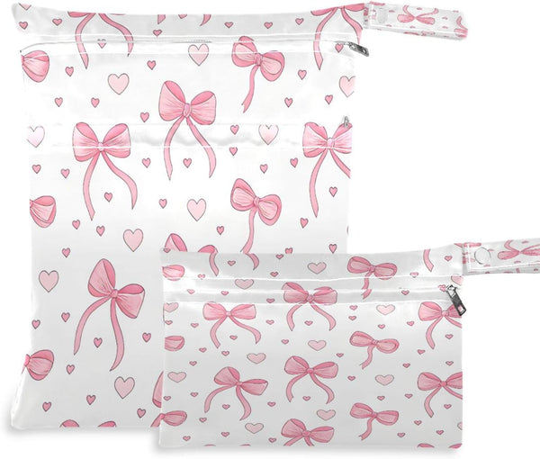 Haskirky Pink Bows Hearts 2 Pcs Cloth Diaper Wet Dry Bags,Waterproof and Washable