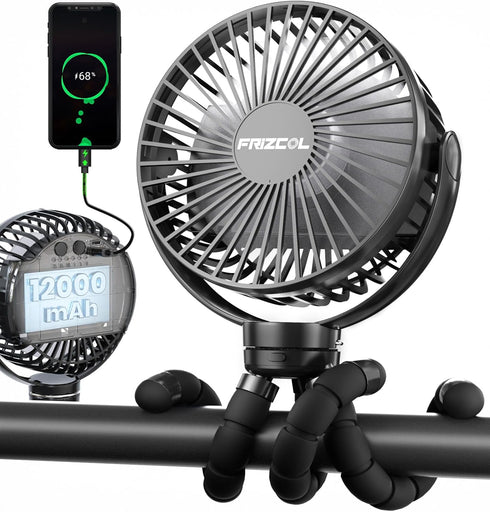 FRIZCOL Portable Stroller Fan, Use As Power Bank, 65H 12000mAh Battery Operated