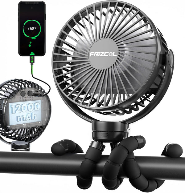 FRIZCOL Portable Stroller Fan, Use As Power Bank, 65H 12000mAh Battery Operated