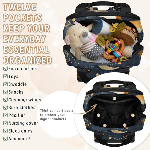 Shoblo Backpack Forest Foxes Diaper Bag for Travel, Waterproof Diaper Bag with Insulated Bottle Pockets & USB Port