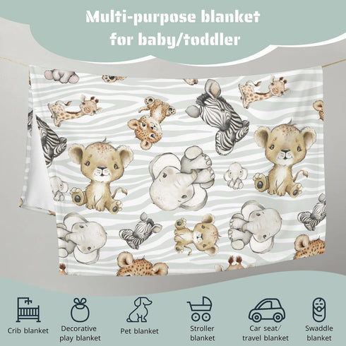 Safari Jungle African Animal Baby Blanket - Elephant Giraffe Lion Flannel Fleece, 30 x 40 for Boy Girl Gift