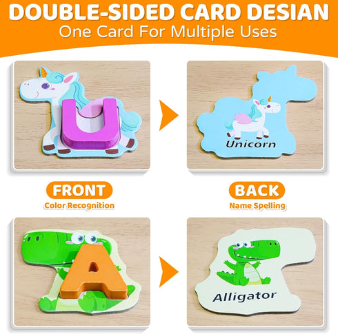 3 4 5 BEESTECH Animal Alphabet Flash Cards, Wooden Letter Puzzle, Educational ABC Learning Toys for Year Old Boys Girls