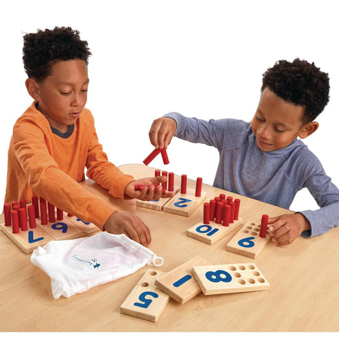 Excellerations Peg Number Board - 10 Rubberwood Boards, 55 Wood Pegs, Storage Bag, Montessori Math Materials for Kids,