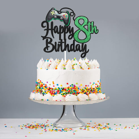 Video Game Boy's 8th Birthday Cake Topper - Happy 8th Birthday Party Supplies - Game On Level Up Winner Decoration