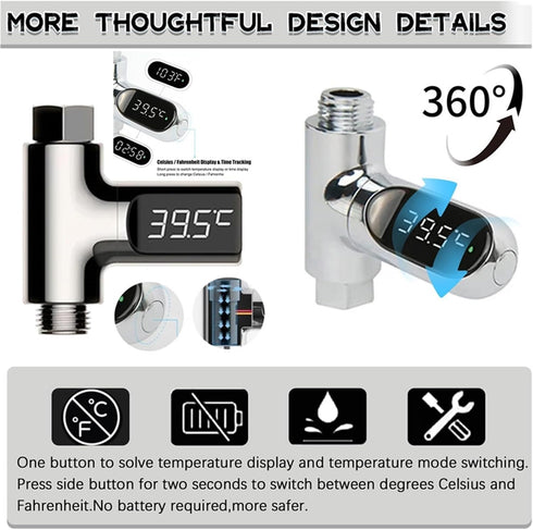 HABCGYUR 360 Digital Gauge. Shower Thermometer LED Display Baby Bath Water Meter Rotation Flow Self-Generating