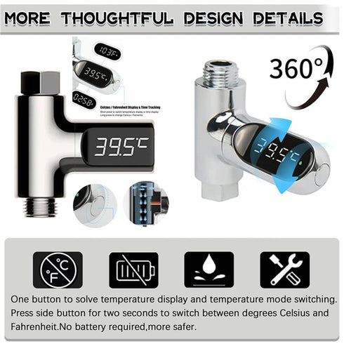 VBSNKLOI 360 LED Shower Thermometer, Shower Thermometer LED Display Baby Bath Water Meter Rotation Flow Self-Generating