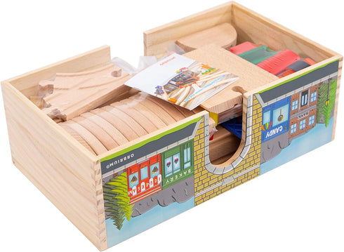 ORBRIUM 52 Pcs Deluxe Wooden Train Set - Wooden Storage Box Tunnel Compatible with Thomas, Brio, Melissa
