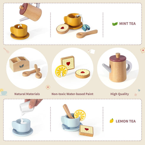 Set 19-Piece 3+ Wooden Tea for Toddlers, Dual-Flavour Pretend Play Tea Party Tray with Wood Cups, Lemon & Mint Tea