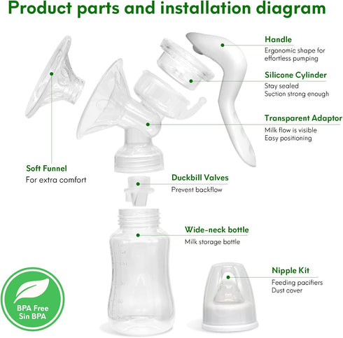 Manual Breast Pump - Silicone Hand Pump for Breastfeeding, Portable Milk Catcher, White