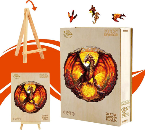 Fiery Dragon Wooden Puzzles for Adults, Unique Shaped Jigsaw Puzzles, 290 Pieces 13.6 x 13.2in, Large Gift