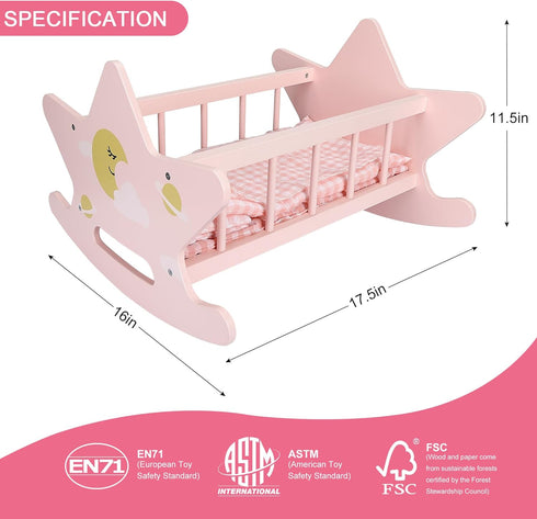 Set, 3+ Offelec Wooden Baby Doll Crib Pink Baby Doll Bed Toys, Rocking Baby Doll Cradle Accessories, Play Cradle