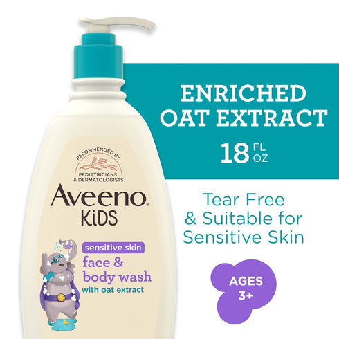 18 oz, 2 Pack Aveeno Kids Sensitive Skin Face and Body Wash with Oat Extract, Gently Washes Away Dirt and Germs Without