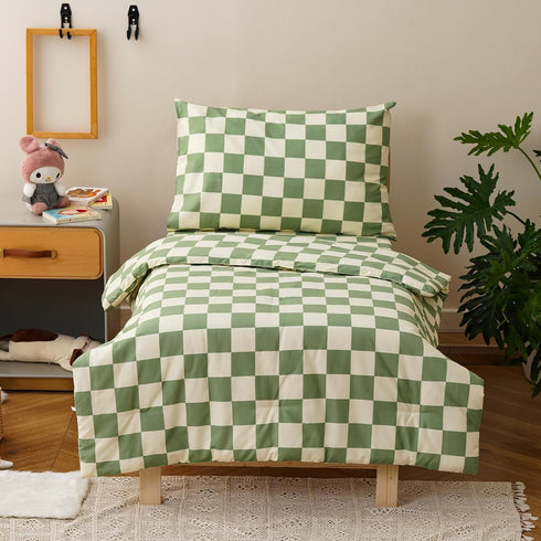 Luxlovery Toddler Comforter Set Checkered Plaid Green White Kids Boho Bedding Set
