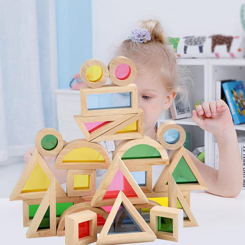Agirlgle Wood Building Blocks Set for Kids, 24 Pcs Rainbow Stacker Construction Toys