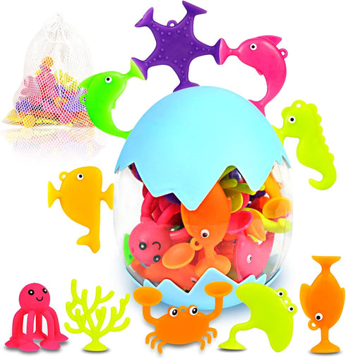 Suction Bath Toys for Kids, 18 Pcs Silicone Ocean Animal Suction Cup Toys with Eggshell & Bag for Toddlers