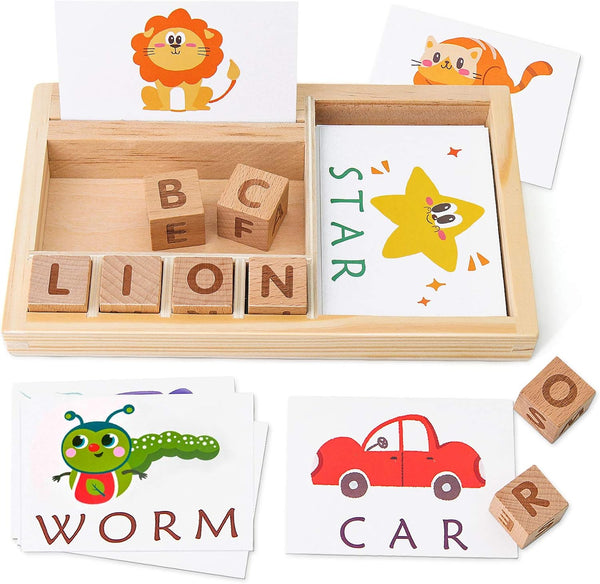 Coogam Spelling Games - Wooden Matching Letters Toy with Flash Cards, Montessori ABC Learning Puzzle Gift for Kids