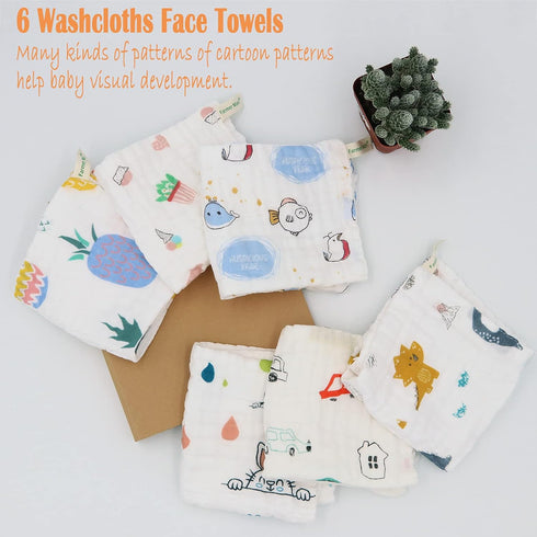Muslin Baby Washcloths Set, 6-Pack, 6-Layer Natural Cotton Infant Face Towel, Reusable Wipes 11.8 x 11.8 inches