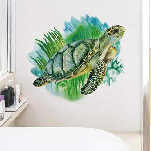 ROFARSO Lifelike Cute Green Sea Turtle Animal 3D Vinyl Bathroom Wall Stickers, Removable Wall Decals for Nursery and