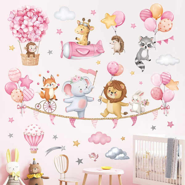 decalmile Pink Animal Hot Air Ballon Wall Decals Elephant Lion Giraffe Wall