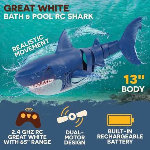 6+ Terra by Battat Remote Control Shark Toy for Bath & Pool Play Electronic Great White Shark with Realistic Movement