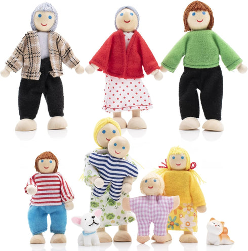 Wooden Doll House People, 8 Miniature Figures and 2 Pets, Dollhouse Family Set for Kids