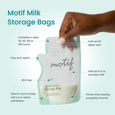 Motif Medical Breastmilk Storage Bags - Leak-Proof Double Zipper Milk Bags with Easy Pour Spout, 40 Count
