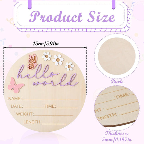 Ajcotahm 5.9 Inch Hello World Newborn Sign, Wooden Baby Announcement Sign Pink Butterfly Style Birth Welcome Board