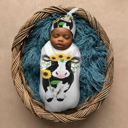 Set Ornate Cow in Sunflowers Newborn Swaddle Blanket with Beanie Soft Baby Sleep Sack Stretch Adjustable Swaddle Wraps