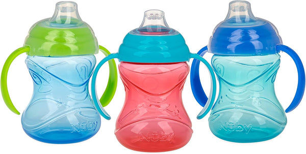 Nuby Clik-It Grip N' Sip Soft Spout No-Spill Training Sippy Cup with Handles - 10 oz (3-Pack) - Blue/Green/Red