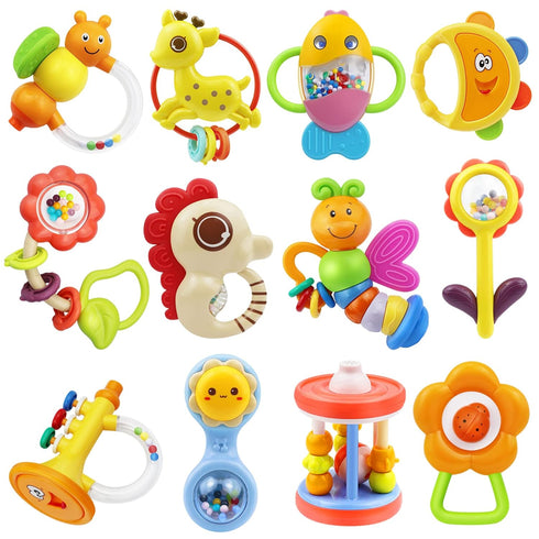 MOONTOY 12pcs Baby Rattles Set, Teething Toys for Babies 0-6 Months, Infant Chew Toys for Newborn Gifts
