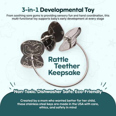 Made in USA Stainless Steel Toy Keys, Baby Rattle, Teether & Fidget Toy Heirloom Quality, Safe, Non-Toxic, BPA-Free