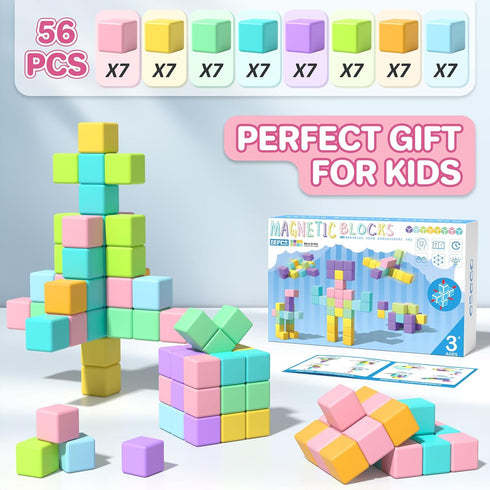 1-3, 56PCS 1.34in 3-5 Magnetic Blocks for Toddlers Large Macaron Magnet Building Cubes for Kids, Stem Preschool Stack