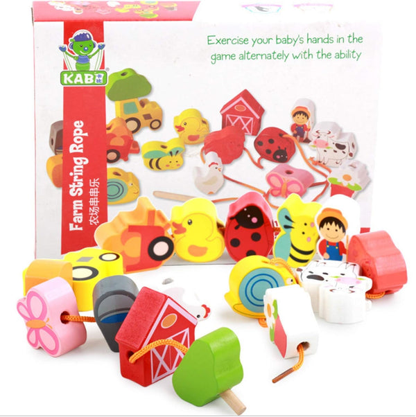 Lacing Farm Toy Wooden Block Set, Early Educational String & Lacing Beads Games for Toddlers Learning Play
