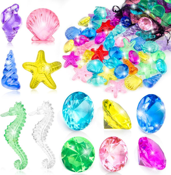 60pcs Diving Gems Pool Toys, Colorful Acrylic Diamond Pirate Treasure and Mermaid