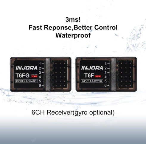 2.4GHz 6CH 1/8 1/10 TRX4 SCX10 Parts(T6FG) INJORA RC Transmitter Controler and Receiver with Gyro Remote Inside