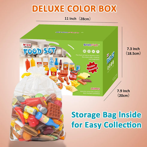 143 Packaging Shimfun Piece Play Food for Kids Kitchen - Toy Assortment - Pretend Food for Toddler - Bonus Water Bottle