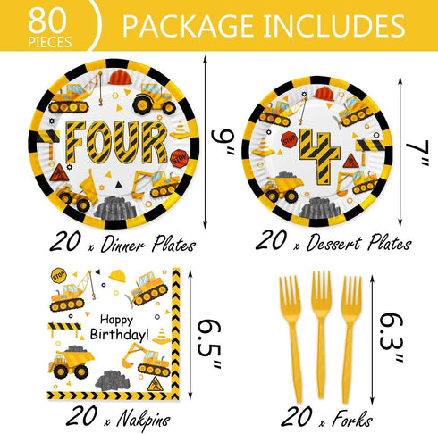 80 4th Letromp Pcs Construction Birthday Decorations Construction Four Years Old Disposable Paper Dinner Plates Napkins